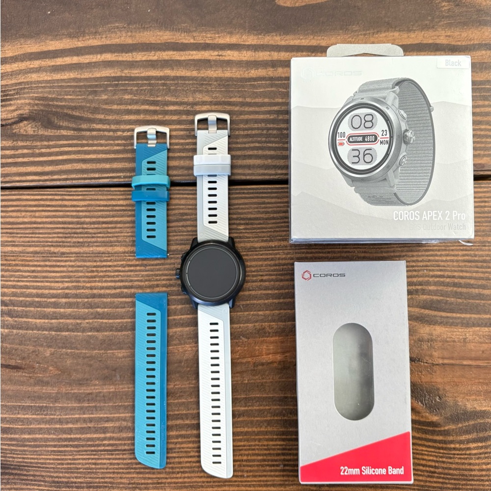 Coros APEX 2 Pro Black Smartwatch with Blue and White Straps